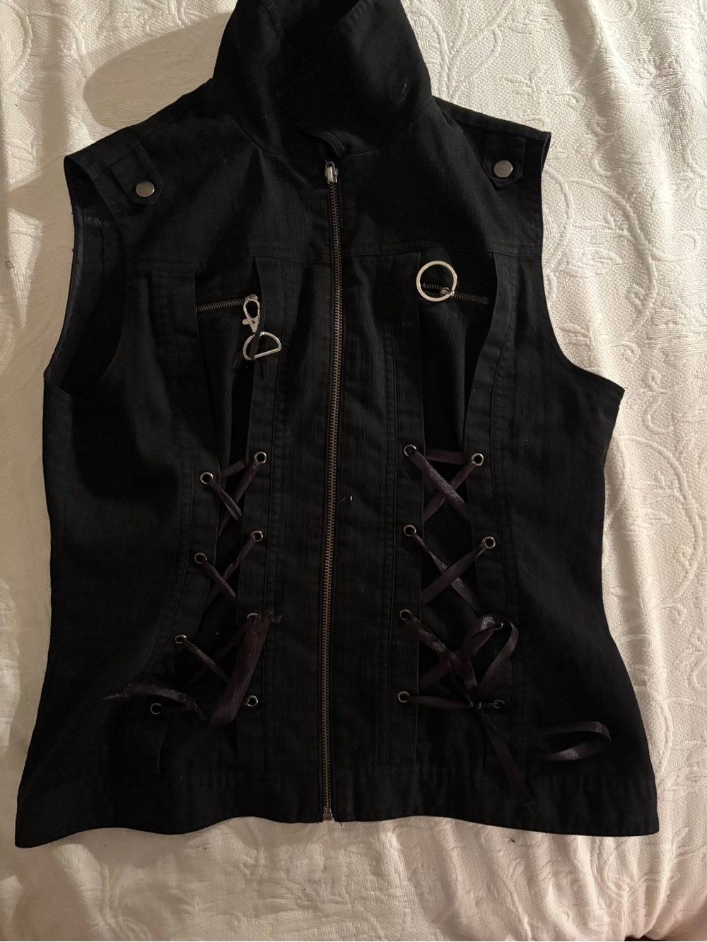 Black Lace-Up Sleeveless Zip Front Vest